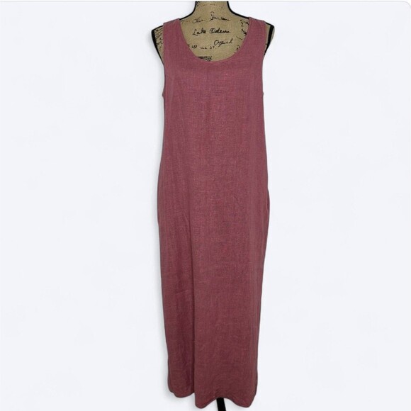 Harve Benard Linen Maxi Dress Sz 10 Dusty Pink Back Slit Boho Sustainable Vtg - Picture 1 of 14